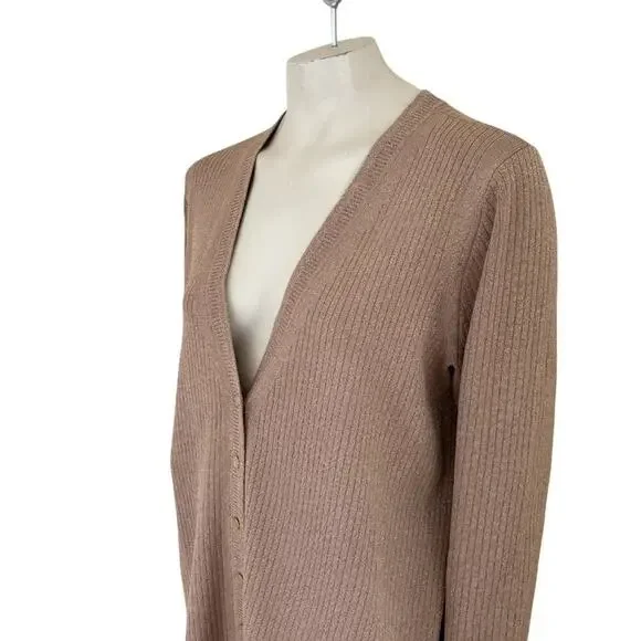 NEW TALBOTS Metallic Ribbed V-neck Cardigan in Tan & Gold  SZ 2X - Picture 2 of 10